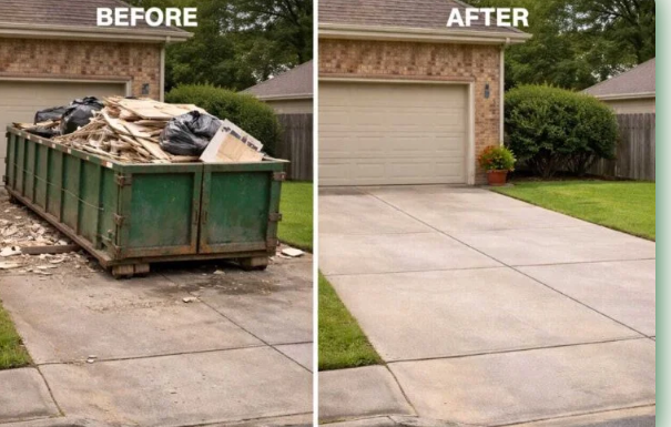 Dumpster rental Asheville before and after - driveway roll-off cleanout